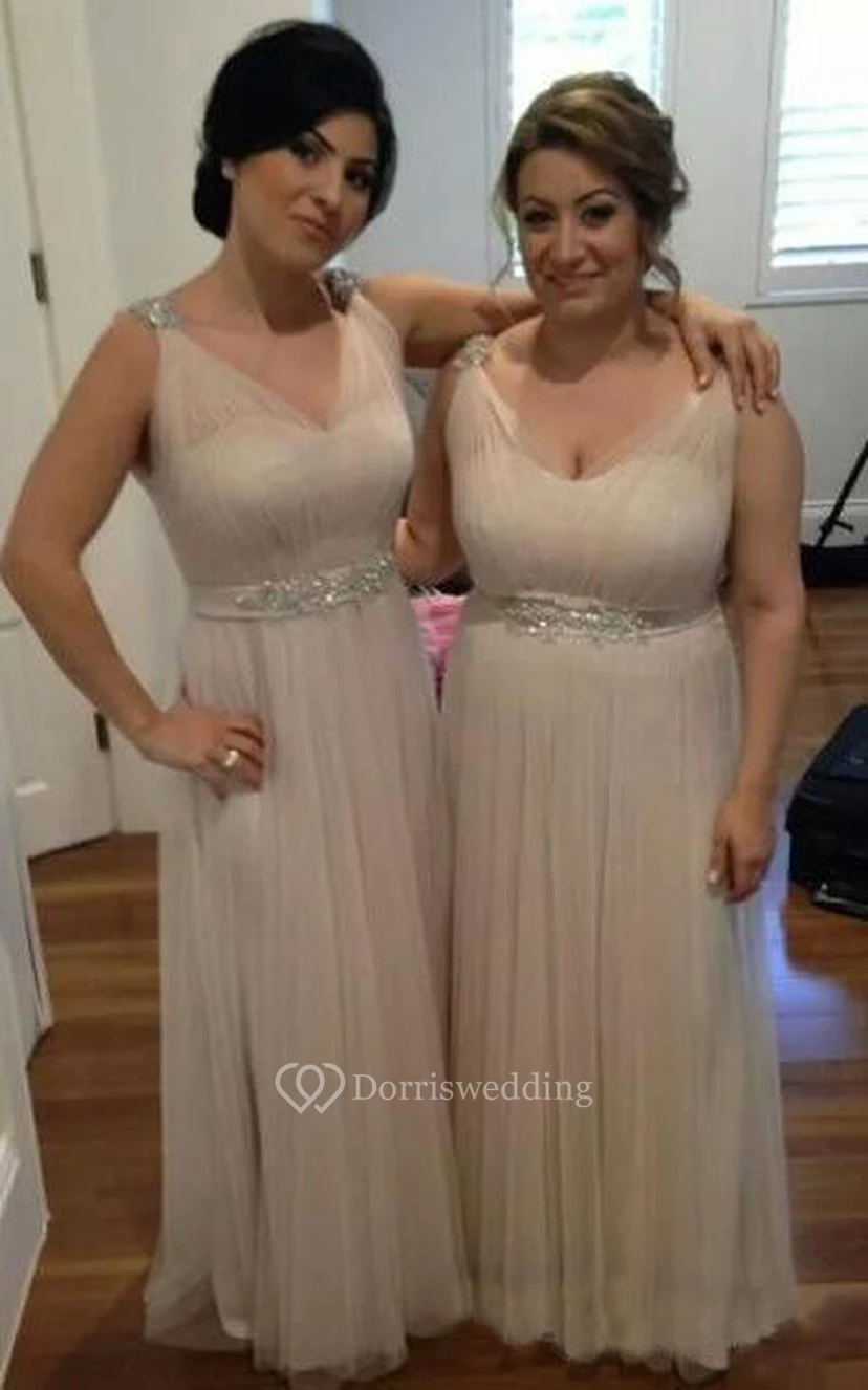 A-line Long V-neck Sleeveless Bell Beading Zipper Tulle Dress