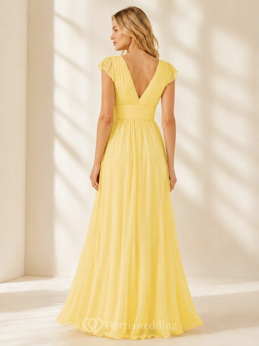 Robe d'été romantique jaune en mousseline, col V, manches courtes, coupe trapèze, longueur au sol view 2