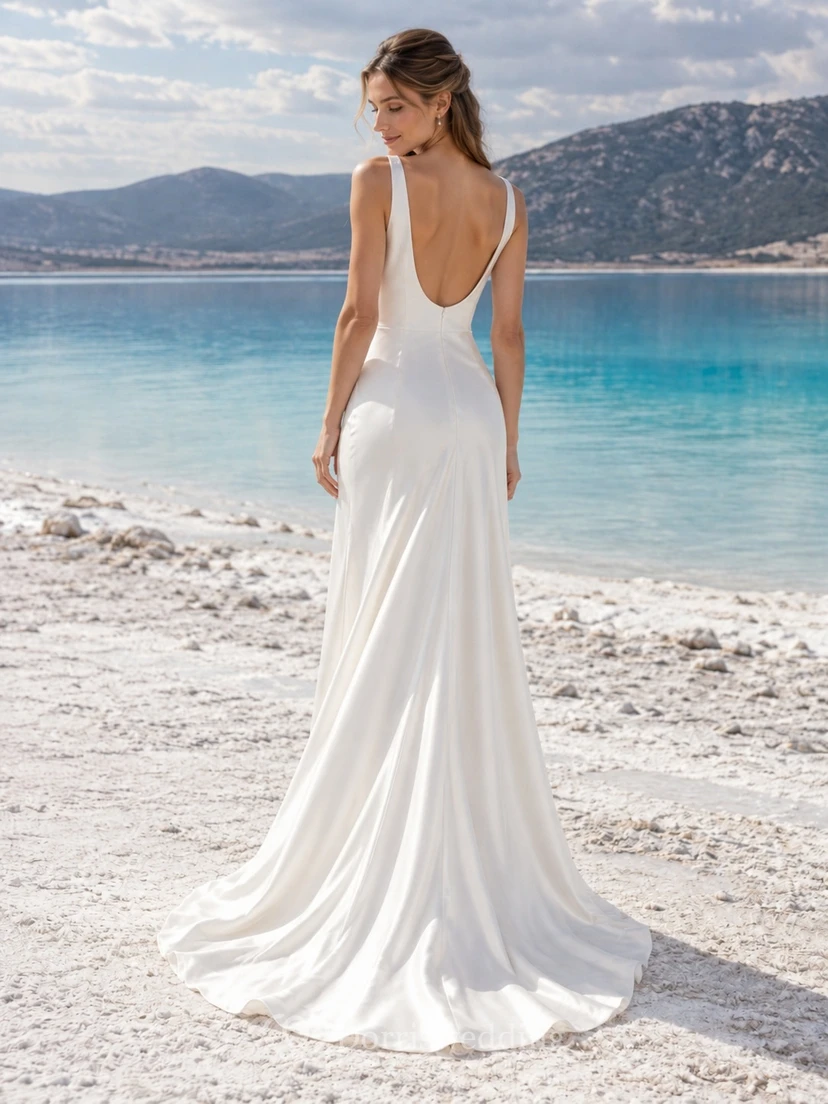 Simple Sheath V Neck Sleeveless Satin Bridal Dress with Open Back view 2