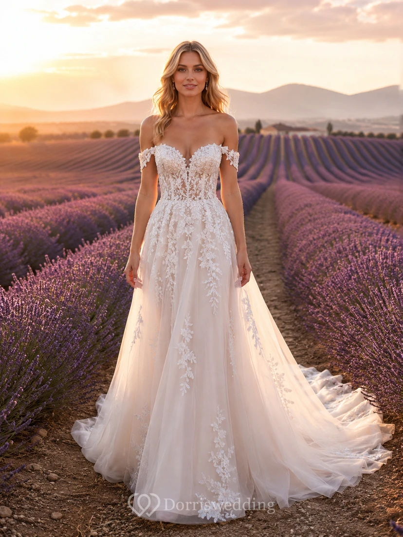 Lace Wedding Dress A-Line Off Shoulder Sweep Train Low V Back Bridal Gown