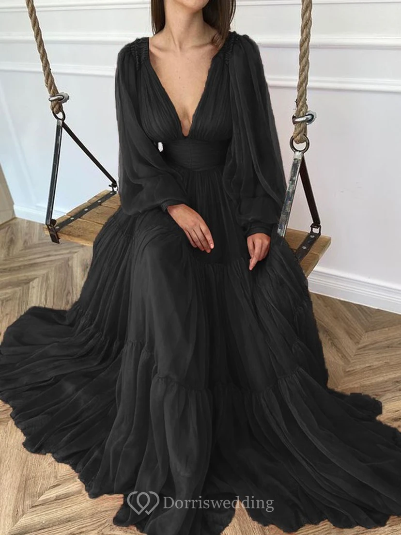 Sexy V-neck Puff Long Sleeve Chiffon Layered Empire Dress view 5