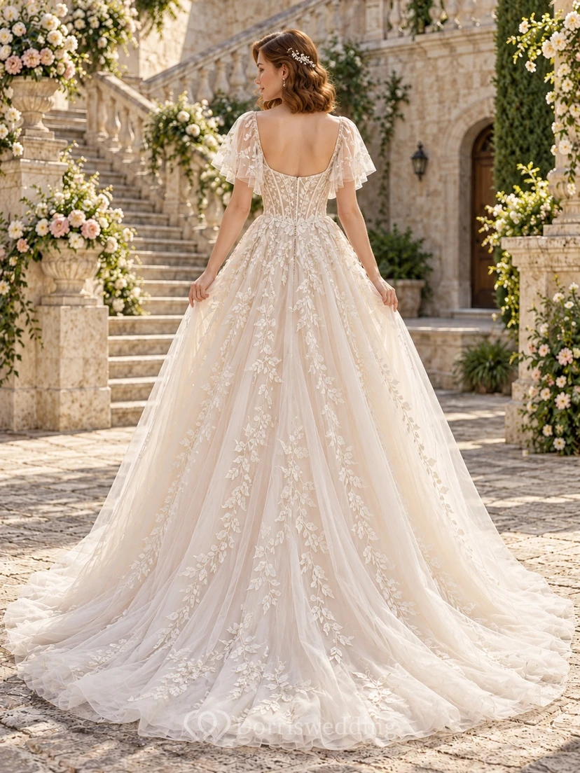 Romantic Flutter Sleeve Scalloped Leaf Corset Full A-line Wedding Dress view 2