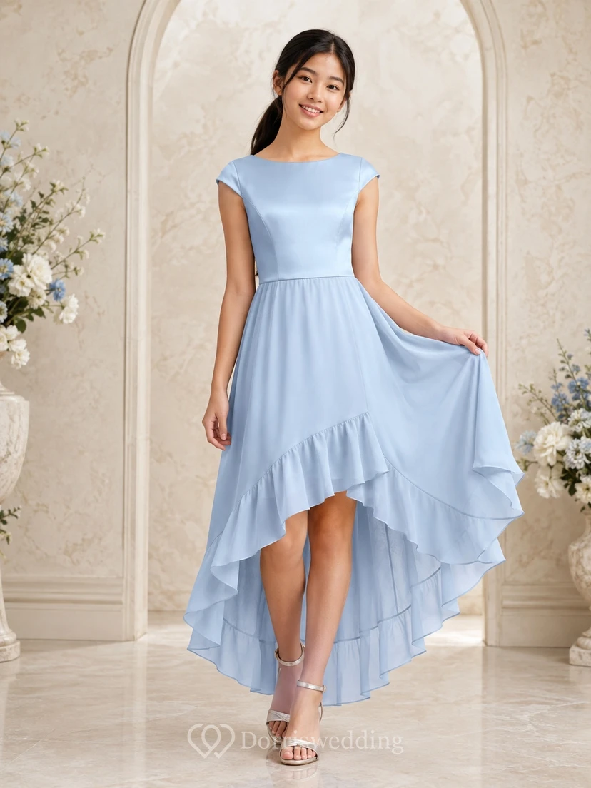 Vestido de dama de honor juvenil azul cielo, corte en A, estilo joya, manga corta, corte asimétrico, gasa, volantes, romántico.