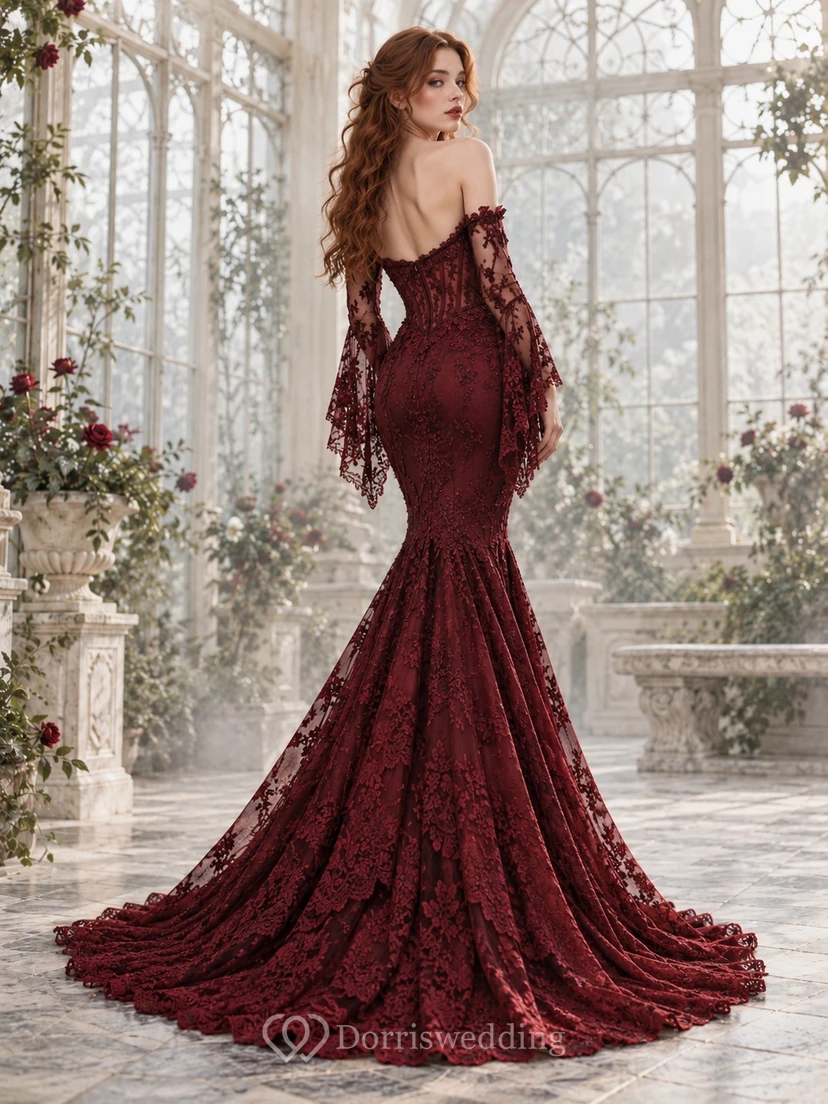 Robe de soirée gothique sirène à épaules dénudées et manches cloche en dentelle bordeaux view 2