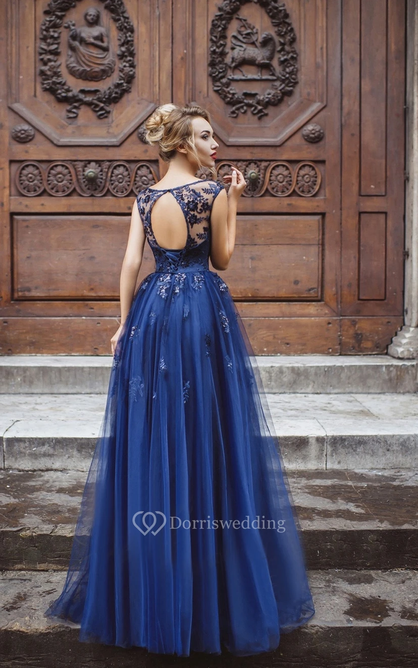 A-Line Floor-Length Bateau Short Sleeve Tulle Pleats Appliques Keyhole Dress view 2