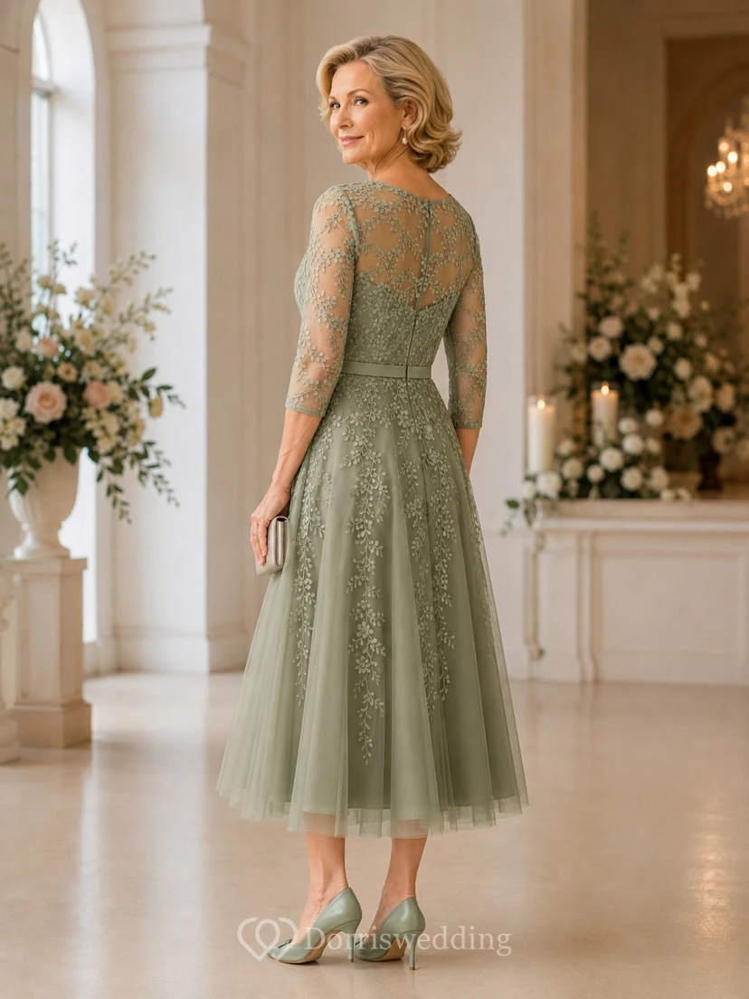 A-Linien-Kleid aus Tüll mit wadenlanger Silhouette, 3/4-Ärmeln und Perlenstickerei view 2