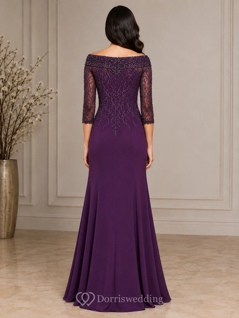 Robe de mariée sirène en dentelle, épaules dénudées, manches 3/4 et perles de dentelle, longueur au sol view 2