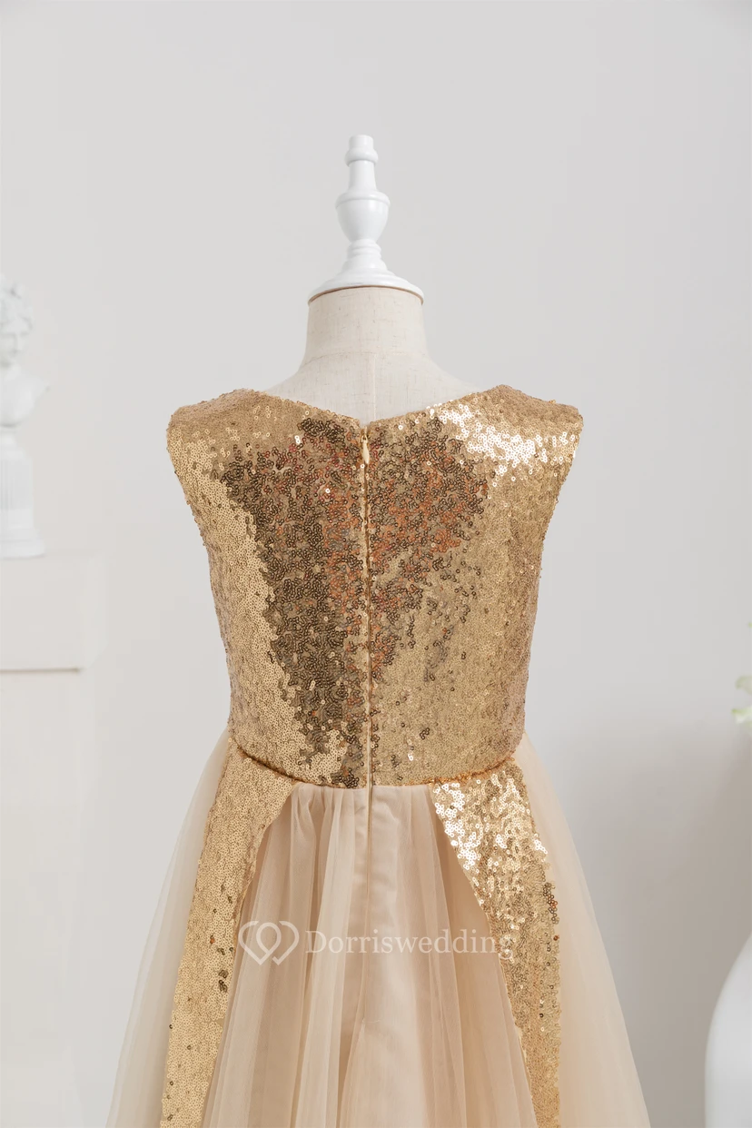 Sequin Tulle A-line Pleated Flowergirl Dress with Zipper Back view 5