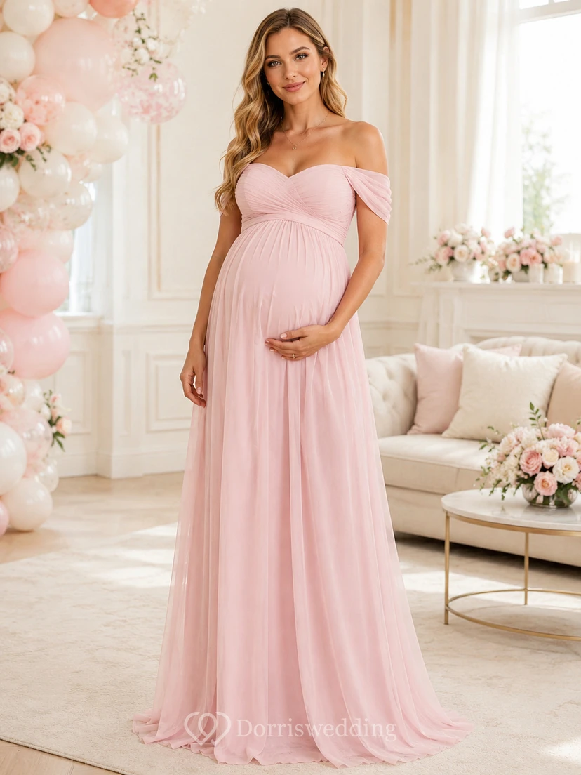 Babyparty-Umstandskleid in Blush, Empire-Stil, bodenlang, schulterfrei, kurze Ärmel, Chiffon, romantisch, elegant, Brautjungfernkleid, Gästekleid