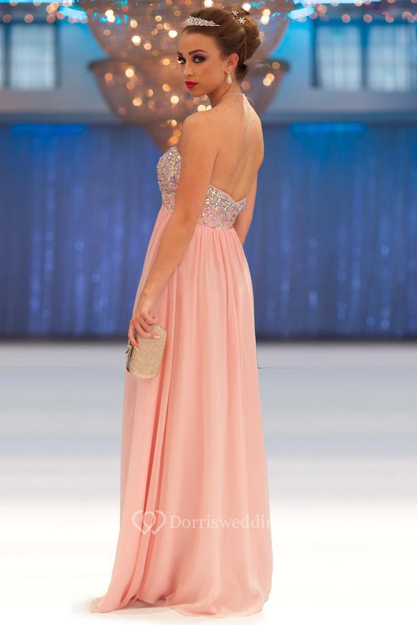 A-Line Beaded Sweetheart Empire Sleeveless Long Chiffon Prom Dress With Pleats view 2