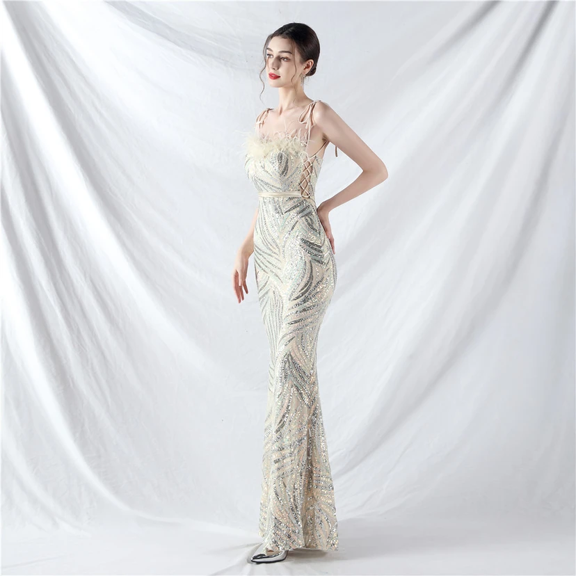 Double-Binding Rope-Binding Craft-Made Ostrich Feather Encrypted Laminated Beads High-End Evening Dress view 63