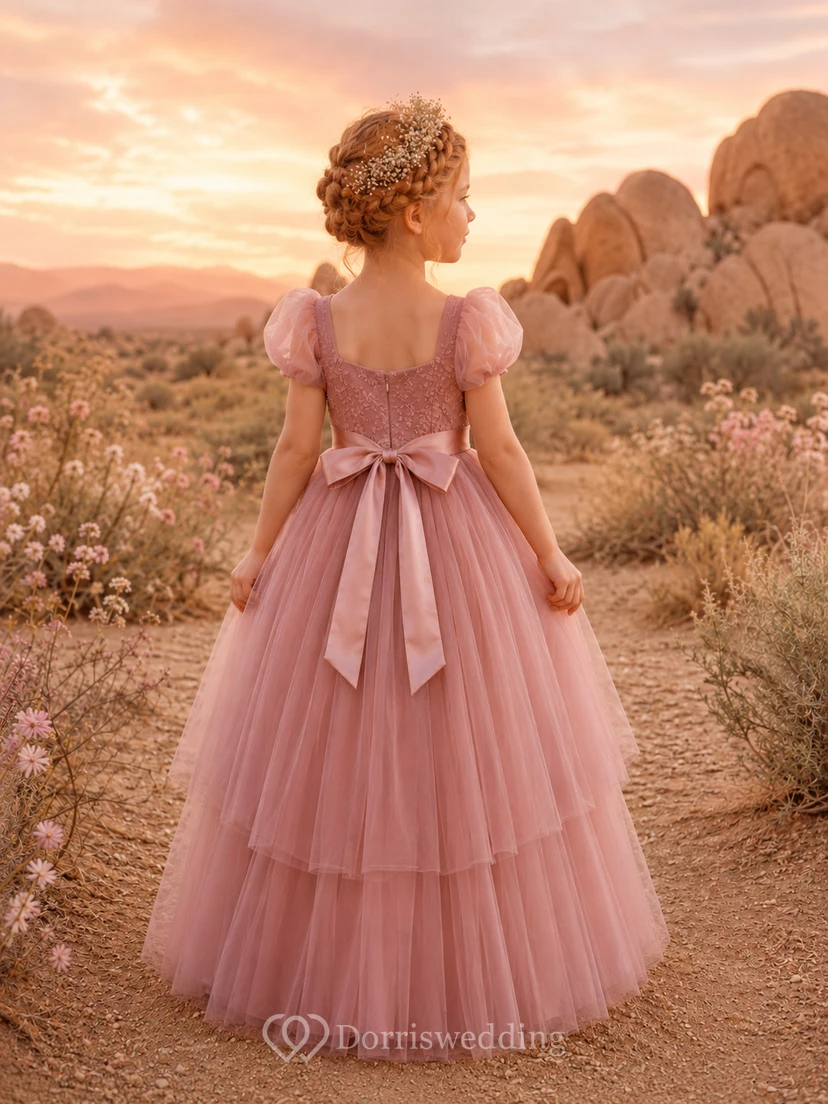 A-Line Flowergirl Lace Tulle Floor-Length Puff Sleeve Desert Elopement Wedding Dress with Tiered Skirt view 2