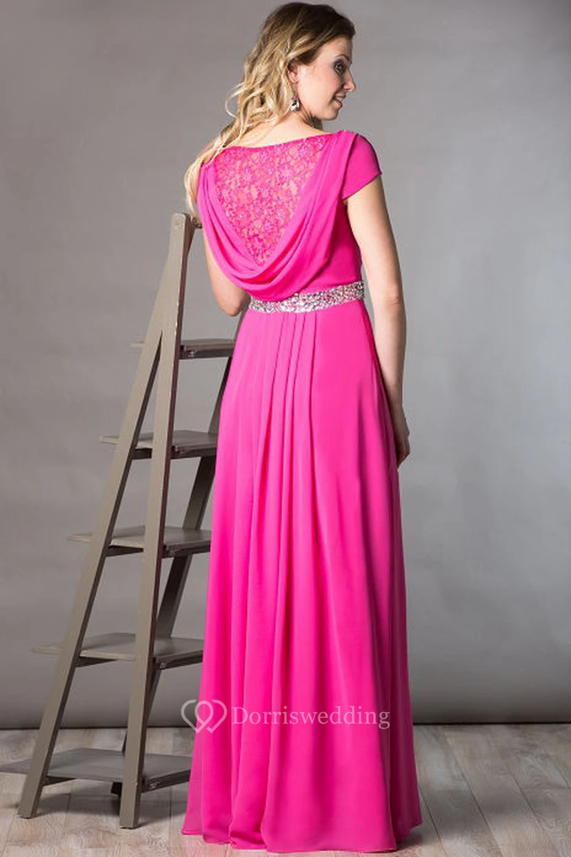 Cap Sleeve Chiffon Long Mother Of The Bride Dress With Crystal Waist And Lace Cowl Back view 2