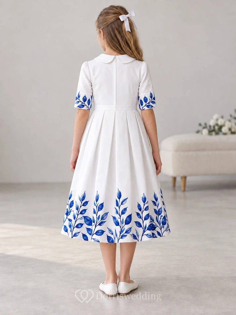 Schlichtes, schlichtes weißes Teelängenkleid mit Peter-Pan-Kragen, Ellbogenärmeln, ovalem Blättermuster, plissiertem Bund und A-Linien-Schnitt für Blumenmädchen view 2