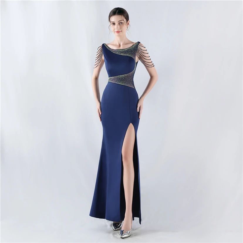 Heavy Hot Diamonds For Transparent Mesh High-Slit Satin Evening Dress Annual Meeting Wedding view 21