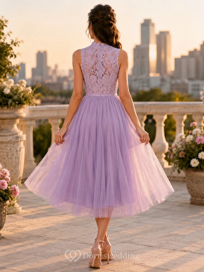 Lavender Tulle V-Neck Sleeveless A-Line Tea-Length Cocktail Dress view 2