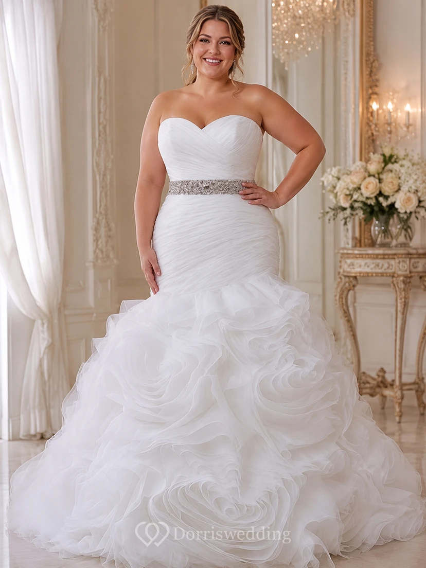 Meerjungfrauen-Organzakleid mit Herzausschnitt, Rüschen und perlenbesetzter Taille view 4