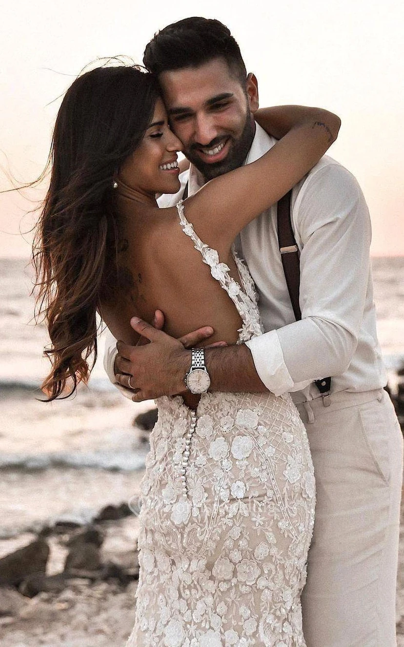 Strapped V-neck Beach Sheath Mermaid Lace Deep-v Back Wedding Dress view 5