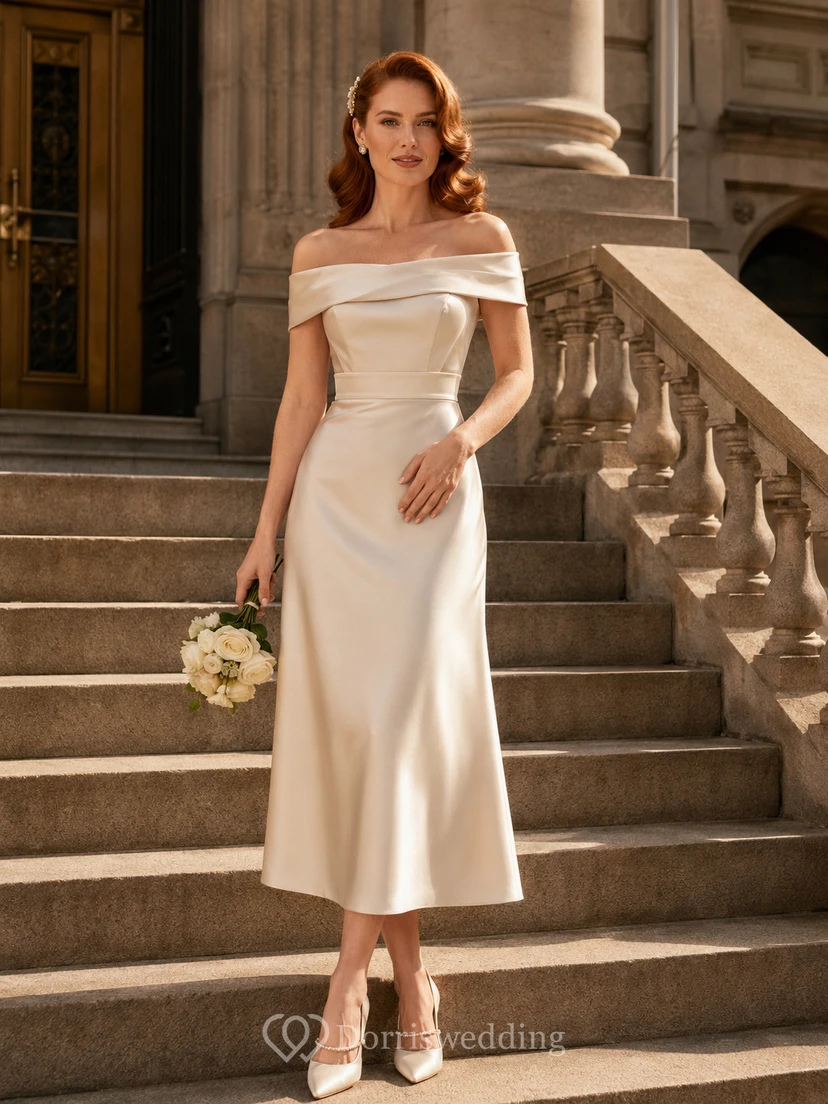 Schulterfreies Brautkleid aus Satin in Teelänge