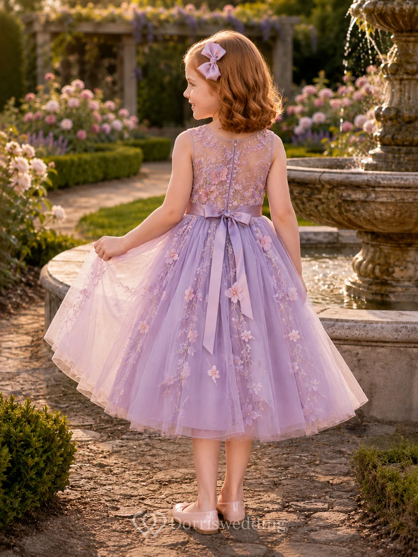 Lavender Elegant A-Line Tulle Flower Girl Dress Sleeveless Scoop Neck Tea-Length Floral Applique view 2