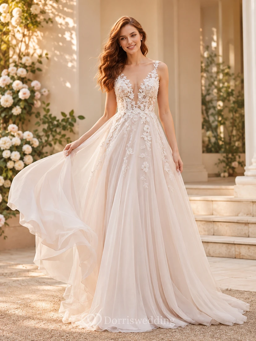 Robe de mariée sans manches en tulle fleuri à col en V et coupe trapèze, dos nu et traîne courte