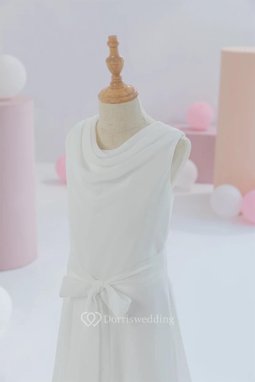 White First Communion Cowl-neck Sleeveless Floor-length Flowergirl Dress view 5