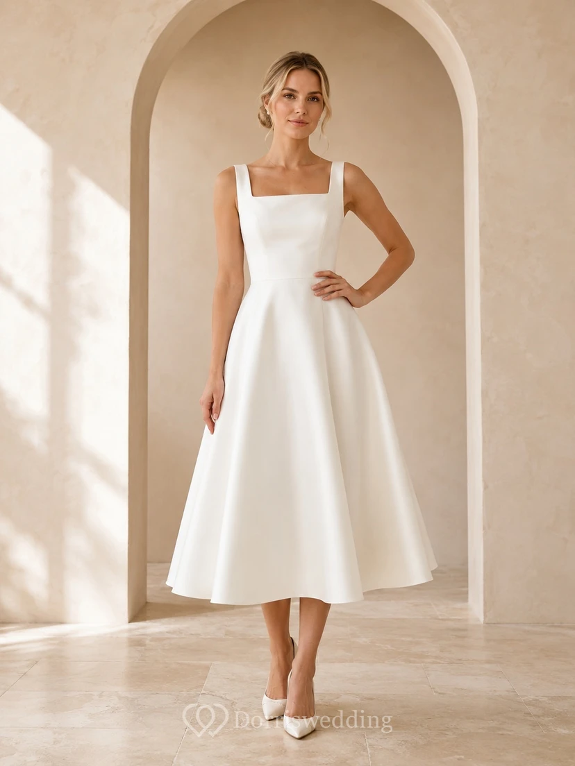 White Satin Square Neck Sleeveless A-Line Tea-length Simple Elegant Romantic Garden Occasion Dress