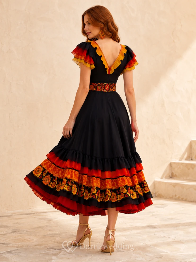 Vibrant Black Floral Cumbia A Line High Low V Neck Ruffle Sleeve Dress view 2