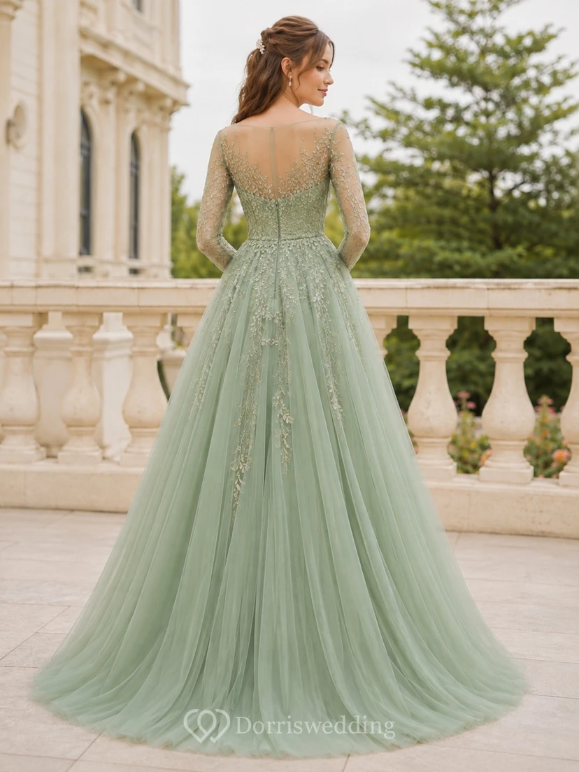 Sage Tulle Lace High-Neck Long-Sleeve A-Line Floor-Length Bridesmaid Dress view 2