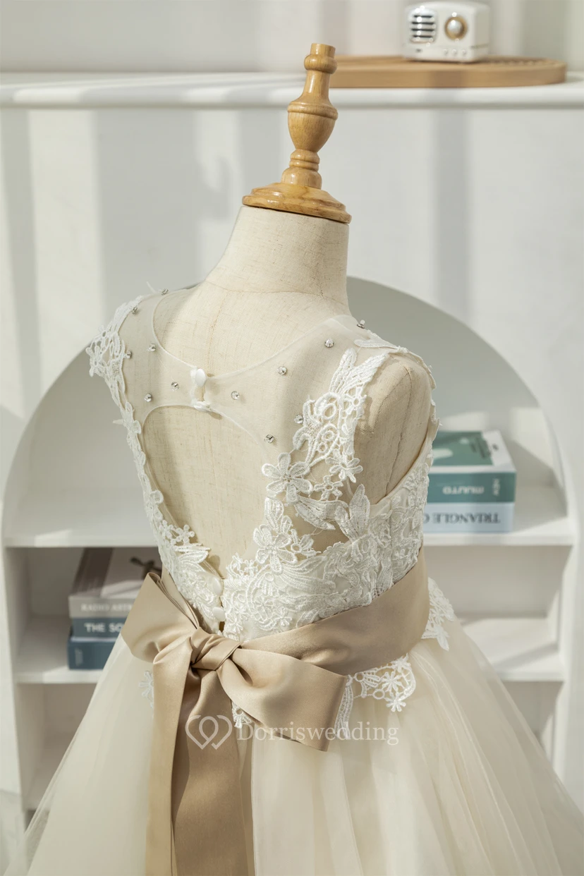 Lace Elegant Tulle A-line Champagne White Flowergirl Dress view 8
