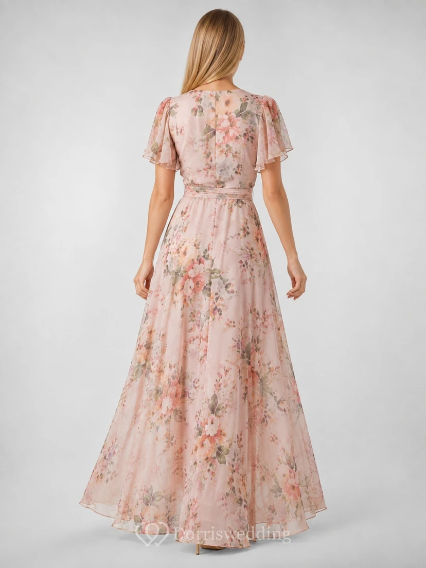 Vestido de invitada largo hasta el suelo, de gasa, corte A, con escote en V y mangas con volantes, color rosa empolvado y estampado floral. view 2