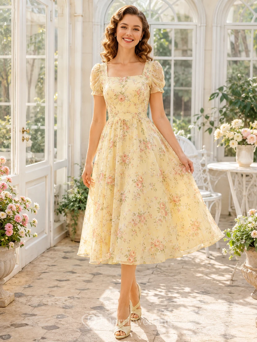 Narzissenfarbenes, eckiges Organza-Teekleid mit Puffärmeln und Blumenmuster im Vintage-Stil