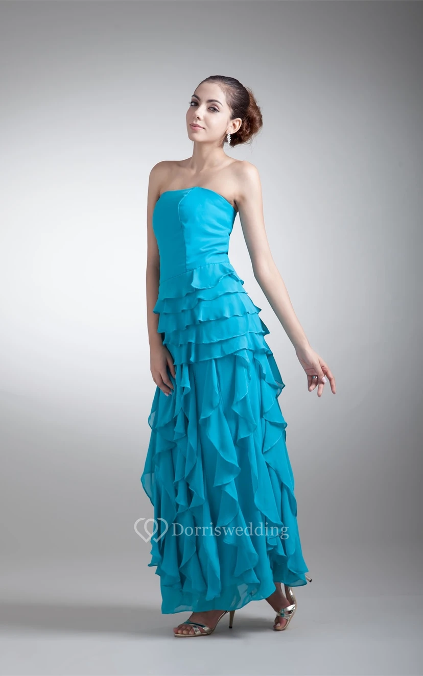 Strapless Ankle-Length Chiffon Dress With Cascading Ruffles view 5