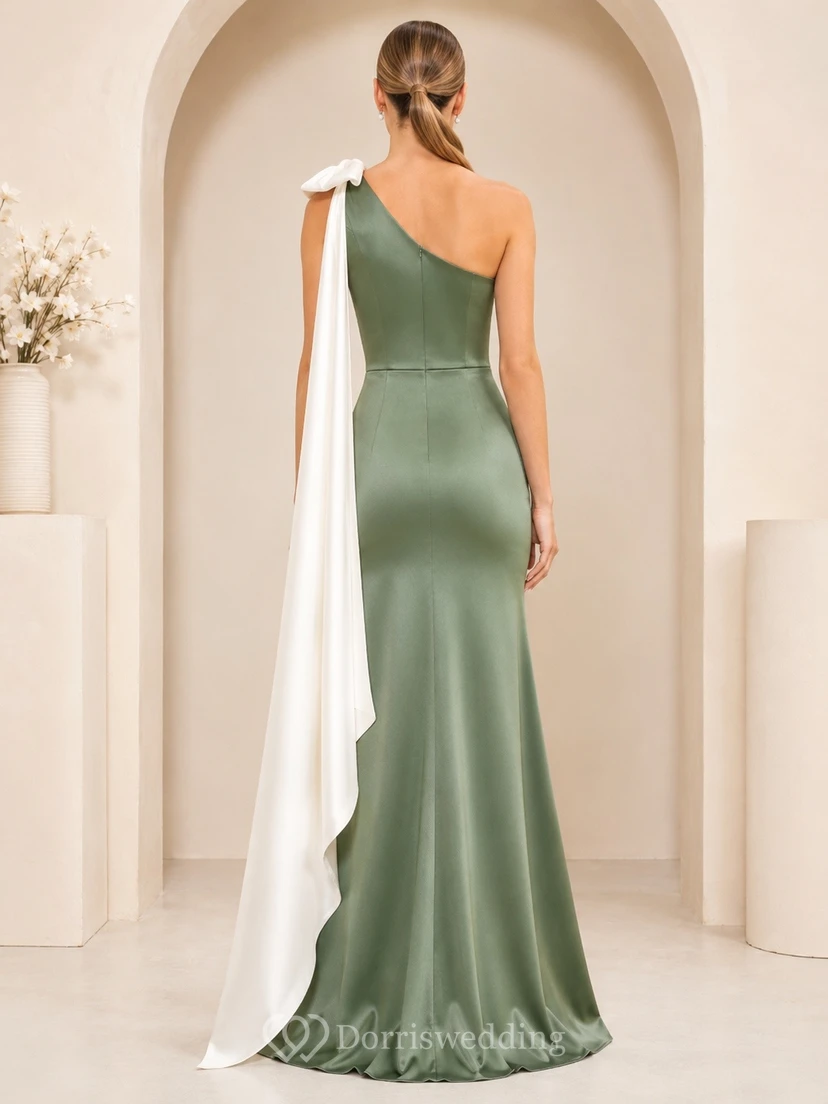 Sage Green Prom Satin One-Shoulder Mermaid Cape Formal Dress view 2