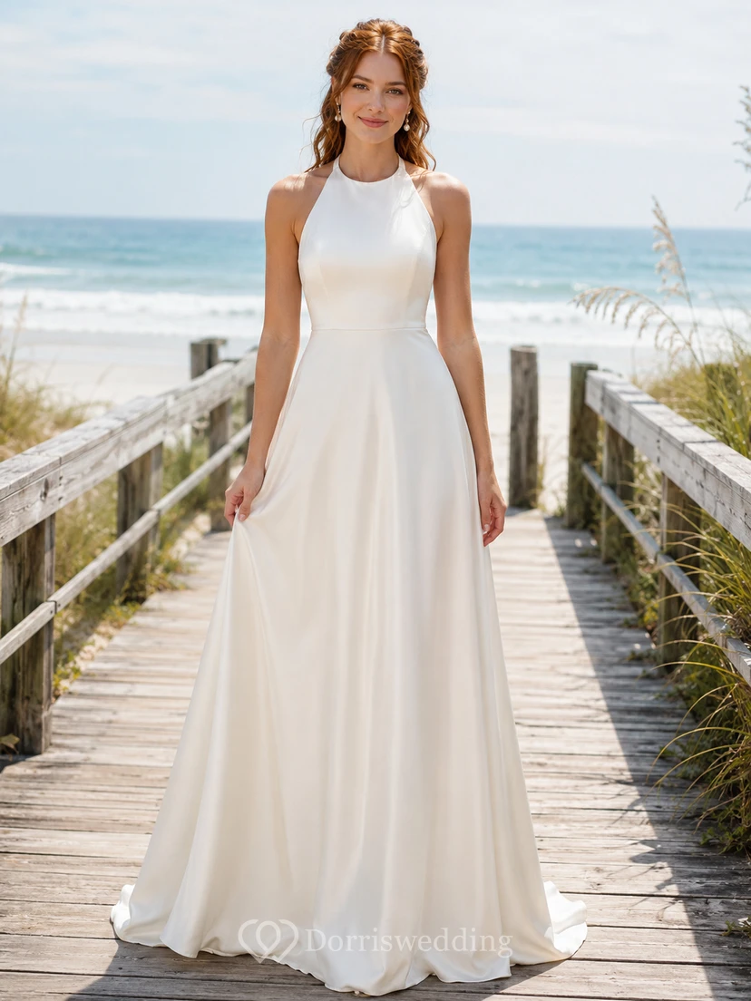 Vestido de novia de gasa y tul para la playa, corte en A, escote halter, sin mangas, largo hasta el suelo.