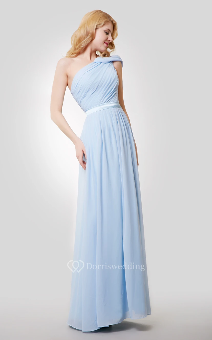 One-Shoulder Ruched Floor Length A-Line Chiffon Dress With Satin Sash view 4