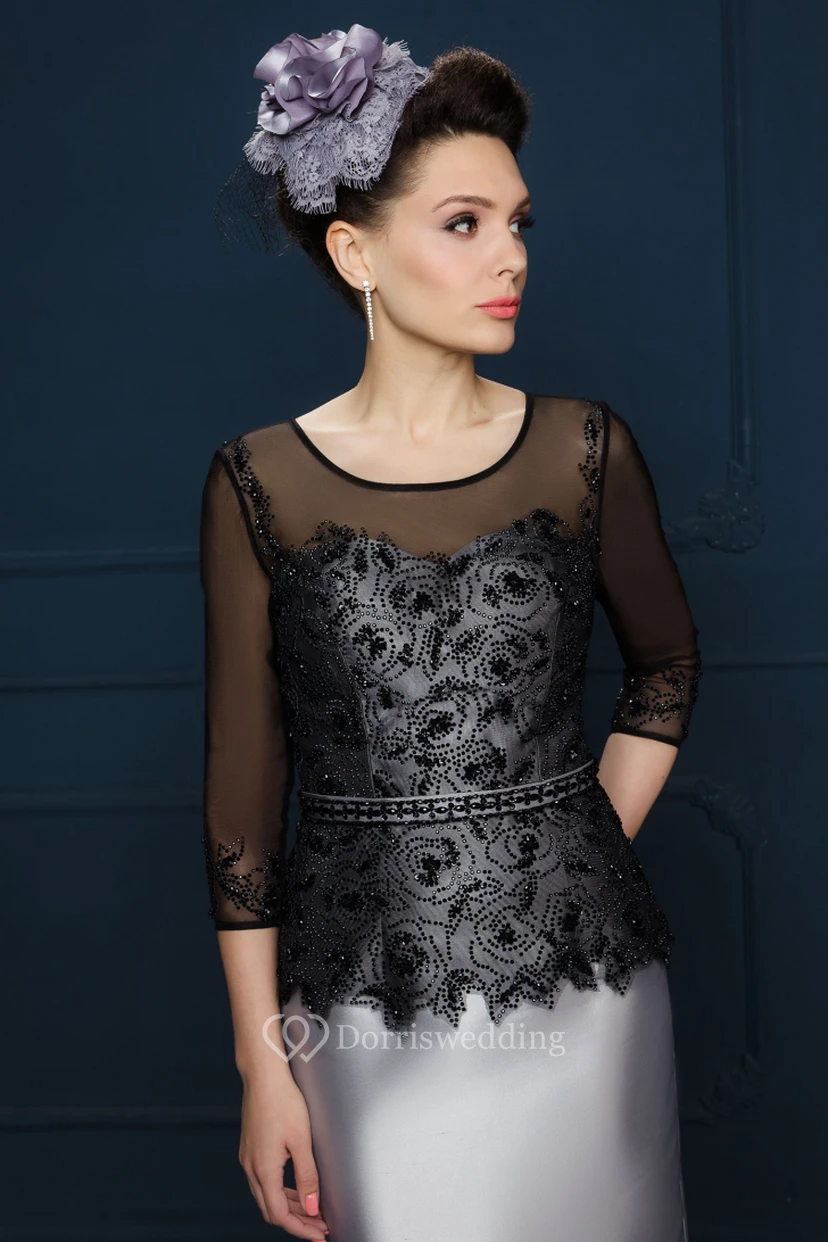 Pencil Knee-Length Appliqued Illusion Sleeve Square Neck Satin Mother Of The Bride Dress view 4