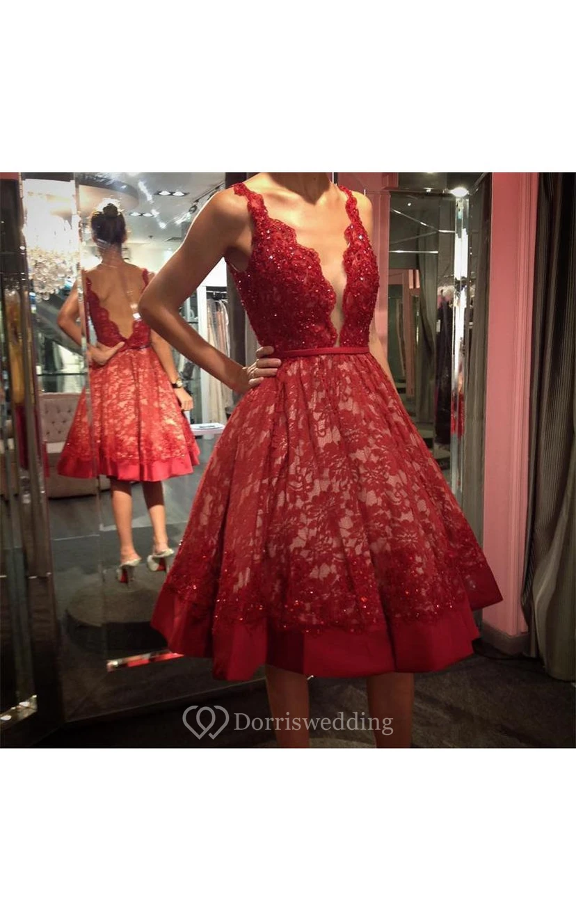 Sexy Deep V Neck Low Back Lace Knee Length Dress