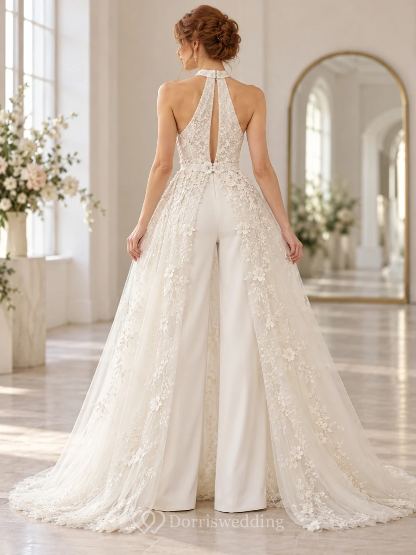 Halter Floral Lace Wide Leg Trained Overskirt Bridal Jumpsuit view 2
