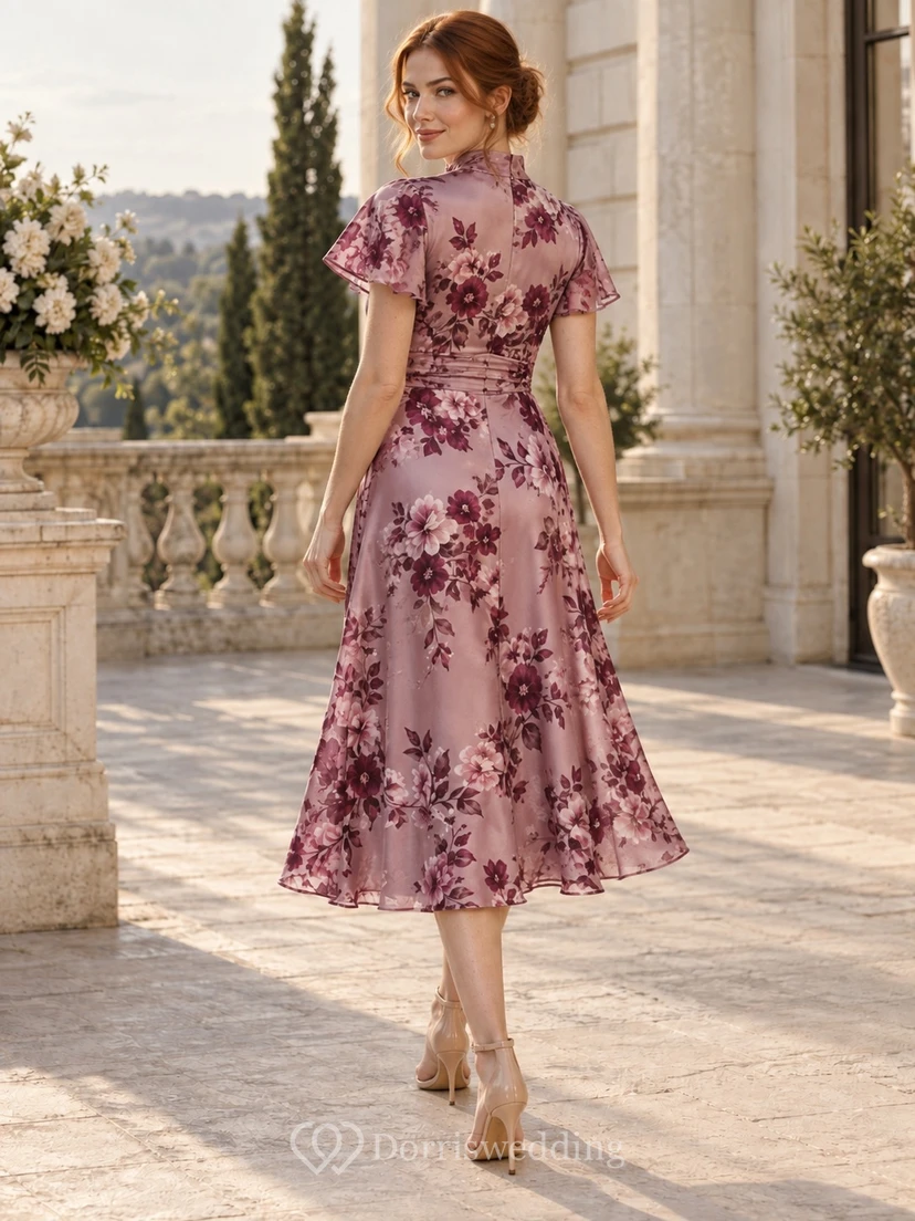 Vestido de invitada vintage color malva con estampado floral, corte en A, cuello joya, manga corta y largo midi. view 2