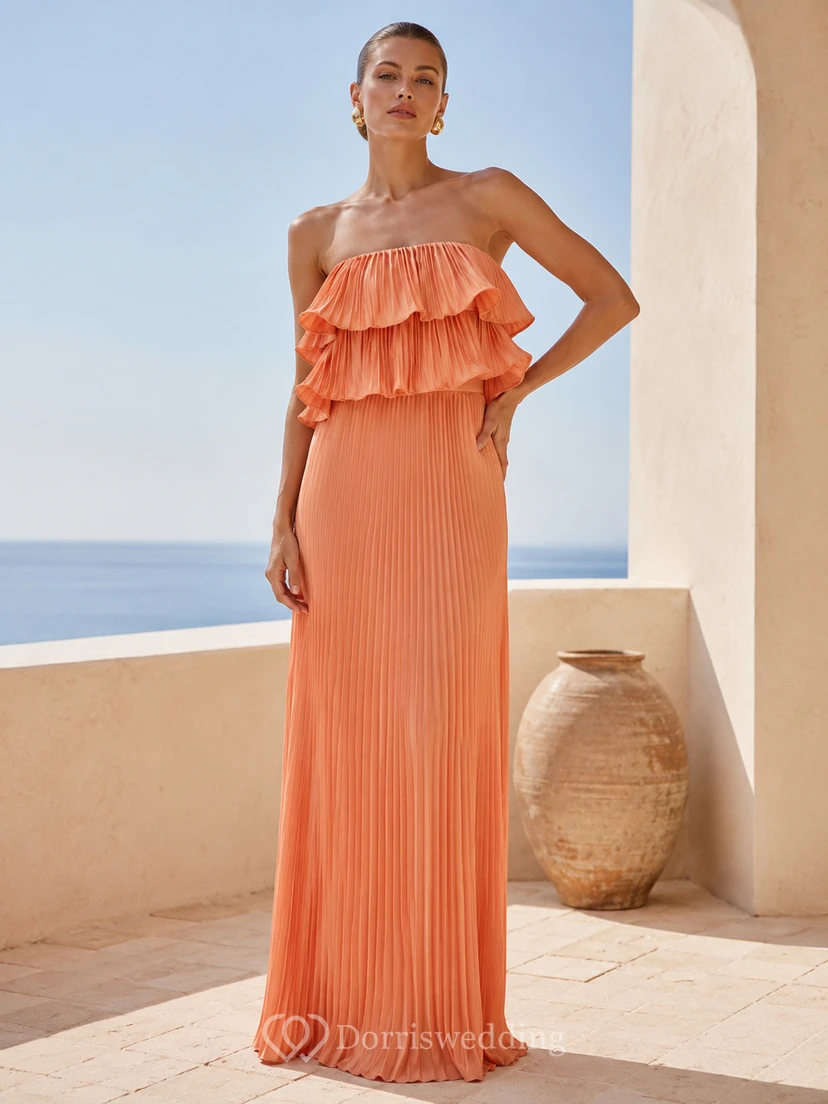 Peach strapless tiered ruffle pleated floor length maxi dress