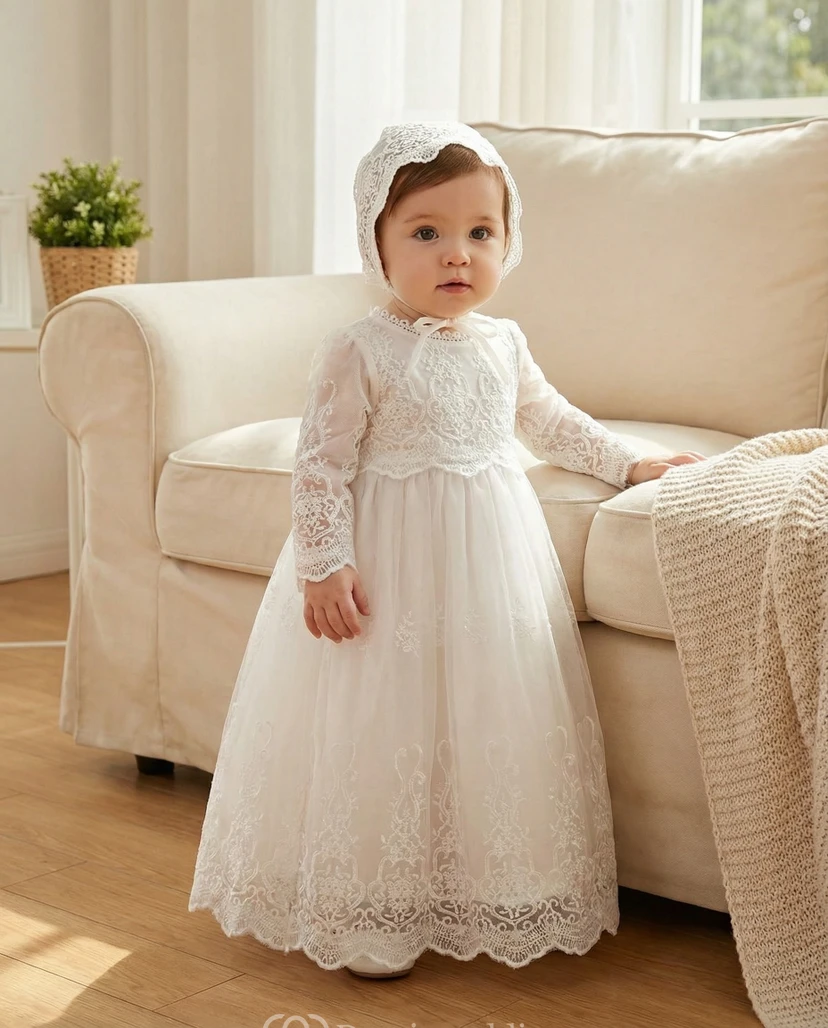 Weißes Taufkleid für Blumenmädchen, langärmelig, aus Spitze und Tüll, mit passender Haube