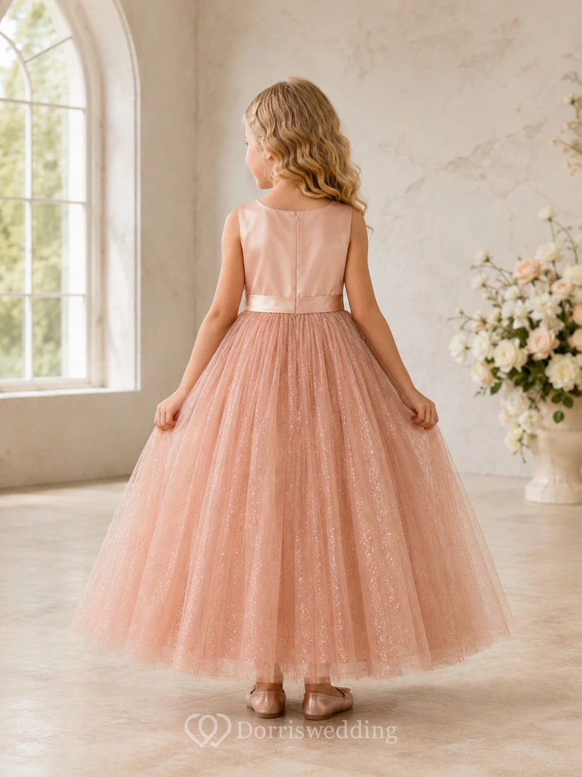 Classic Lace Tulle A-Line Flower Girl Dress with Short Sleeves, Jewel Neck, Tea-Length Skirt and Bow Detail view 2