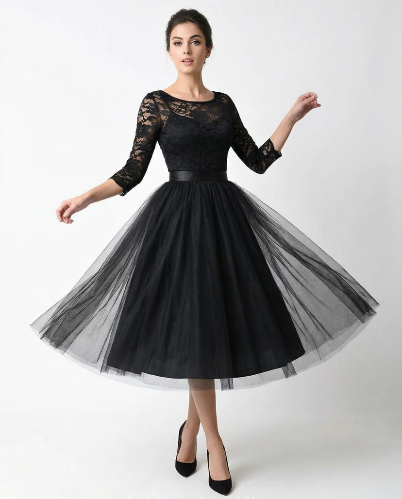Robe mi-longue en dentelle à manches 3/4 et col rond