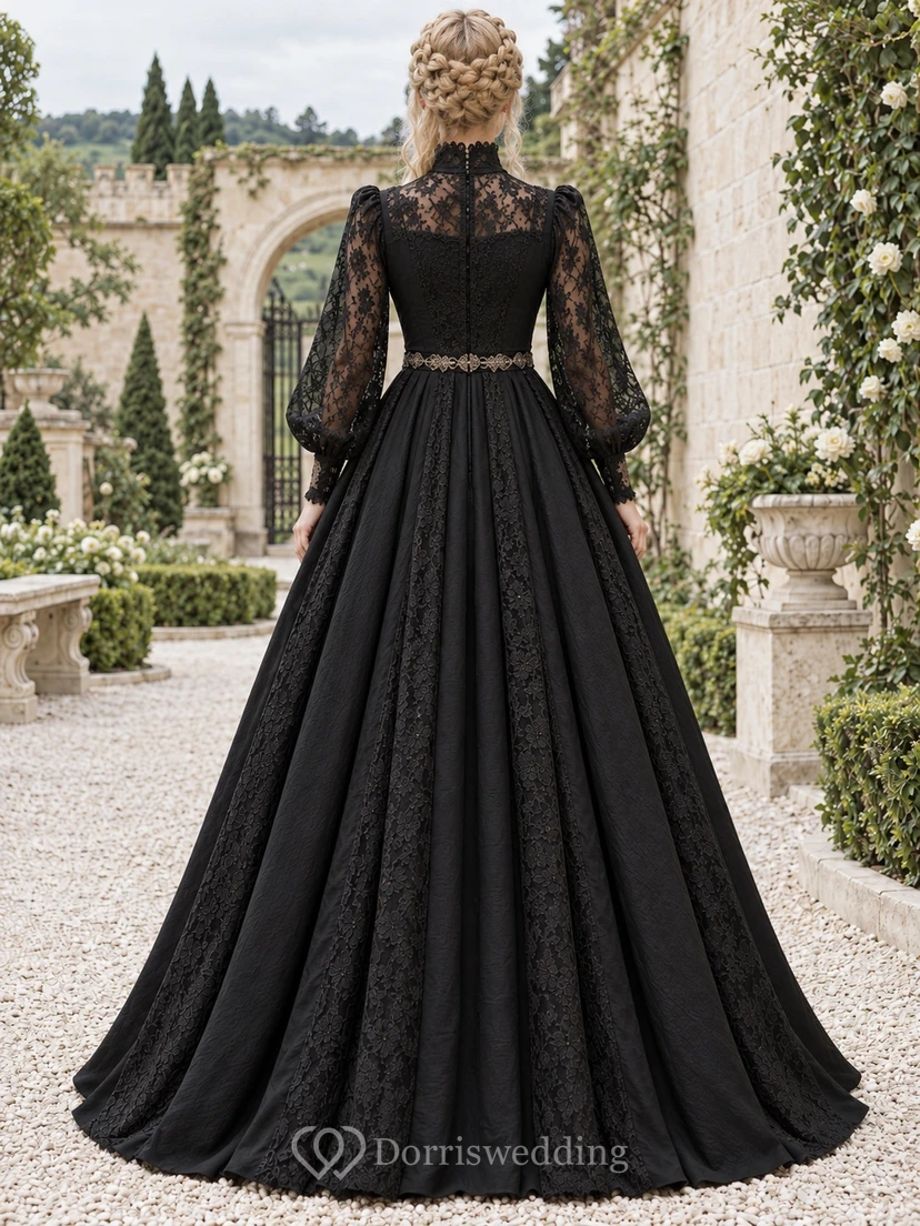 Robe gothique médiévale noire à col montant et manches longues en dentelle corset view 2