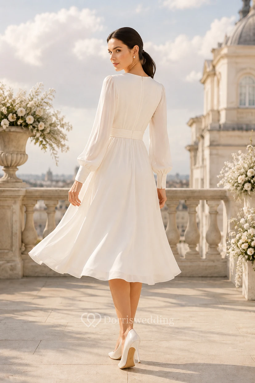 Robe de mariée mi-longue en mousseline à manches longues et col en V view 2