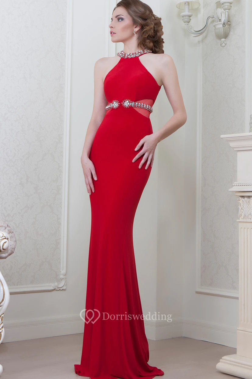 Sheath Floor-Length Sleeveless Scoop-Neck Beaded Jersey Evening Dress view 3