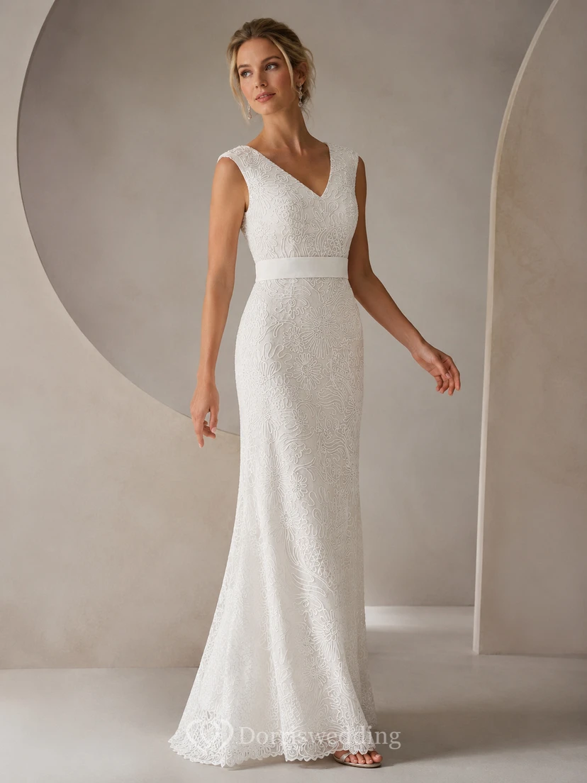 Brautmutterkleid mit V-Ausschnitt, kurzen Ärmeln, Applikationen und Falten view 6