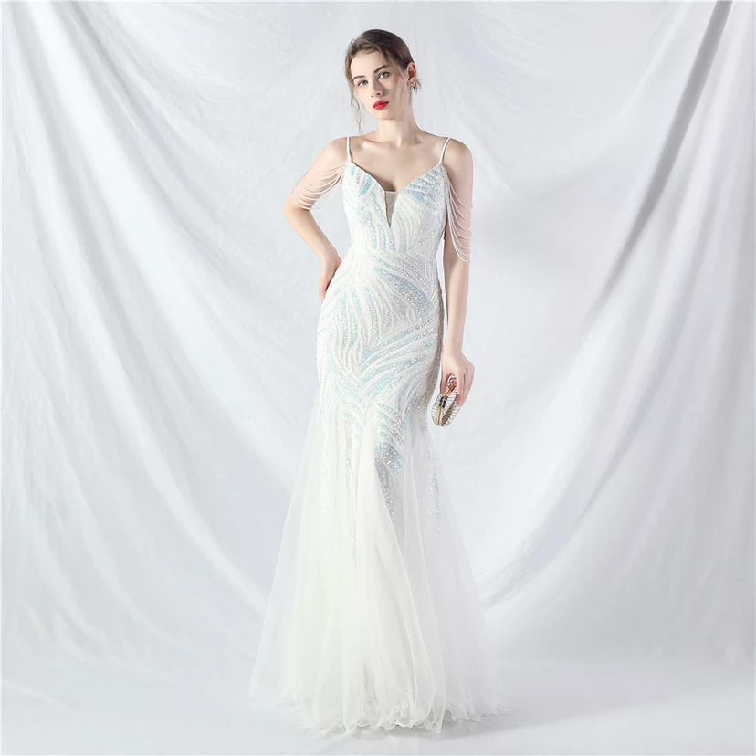Layered Beads Spliced ​​Mesh High-End Evening Dress view 15