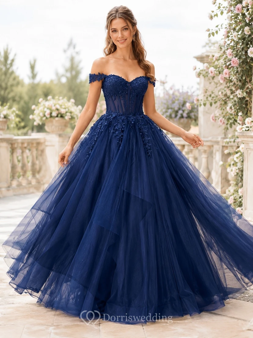 Romantic Dark Navy Tulle Ball Gown Floor-Length Off-Shoulder Straps Prom Dress